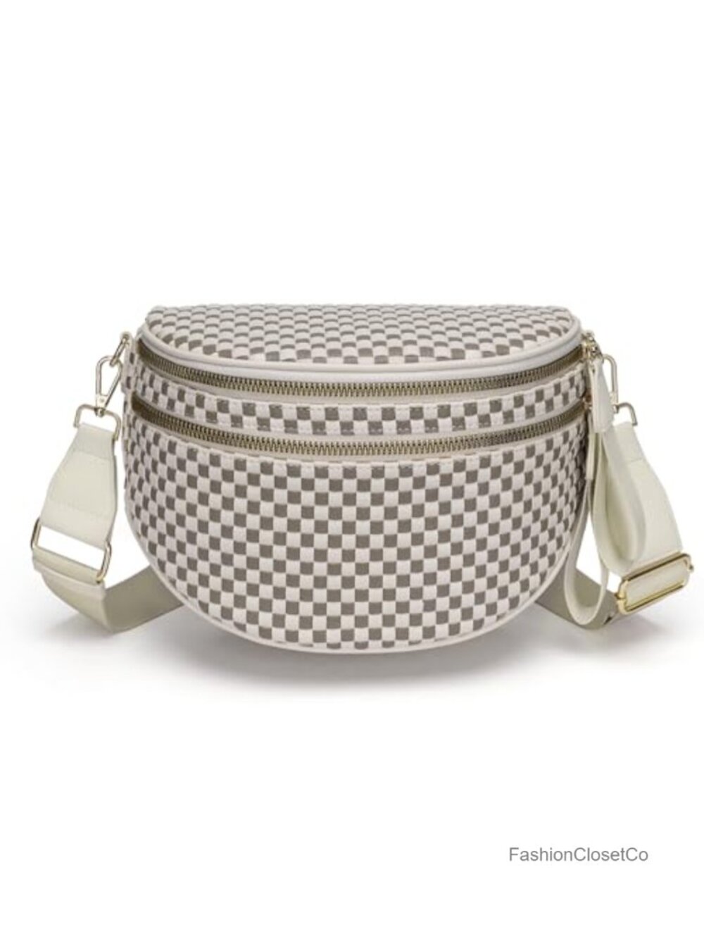 Checkered Woven Vegan Leather Double Zip Sling Purse Fanny Pack Belt Bag - Picture 1 of 6